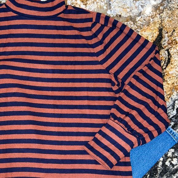 NWT Loft Rust/Brown & Navy Striped Soft Knit Mock Neck Top - Picture 5 of 9
